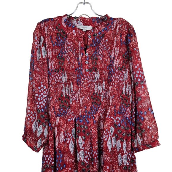 Loft Garden Smocked Bodice Tiered Maxi Dress Floral Long Sleeve Red 12 Large NWT - Picture 9 of 16